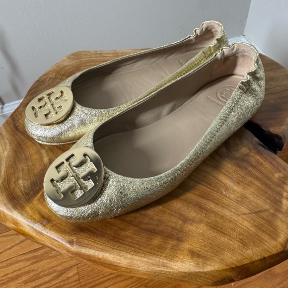 Tory Burch Logo Spark Gold Minnie Travel Leather Ballet Flats 5.5M - Picture 9 of 12